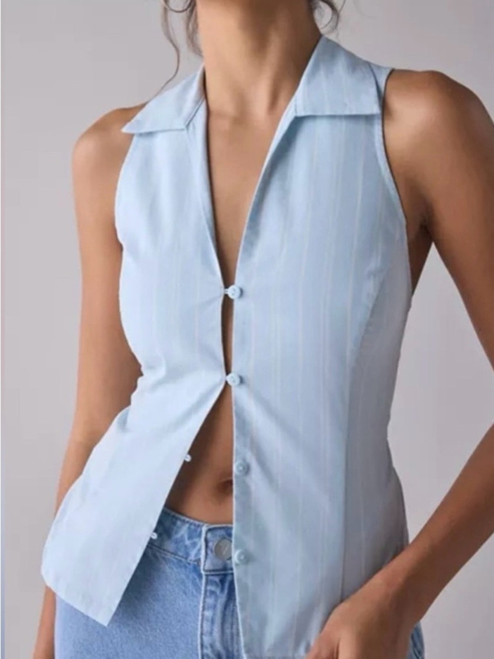 Urban Outfitters Light Blue Pinstripe Sleeveless Button-Down Top